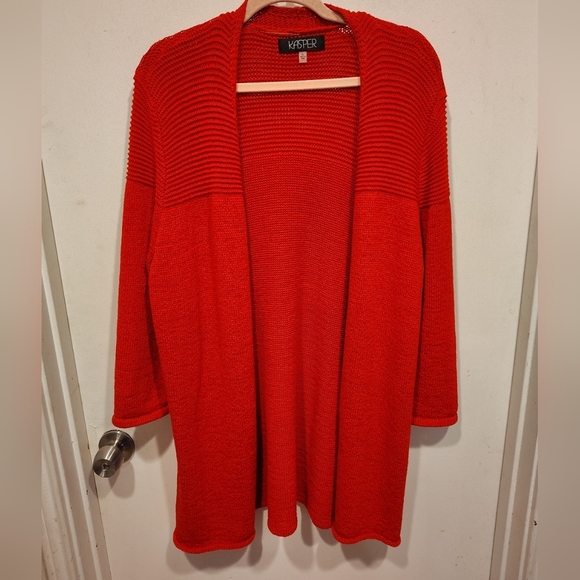 Kasper Women's Red Longline Open Front Cardigan Sweater Sz XL Career Lagenlook - Picture 1 of 7